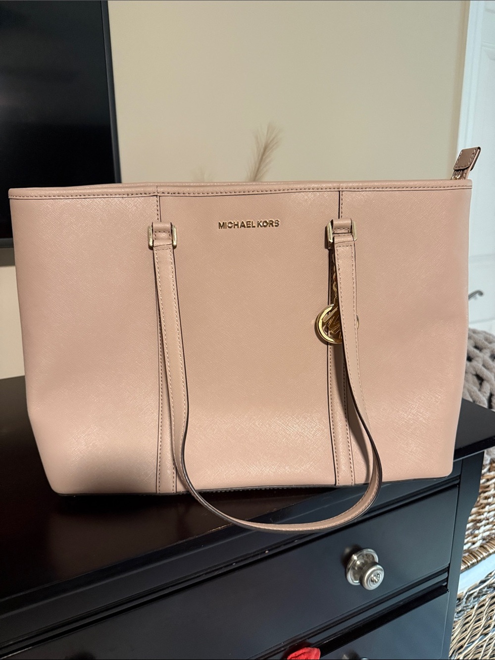 Michael Kors Blush Rose Saffiano Tote with Gold Logo Charm
